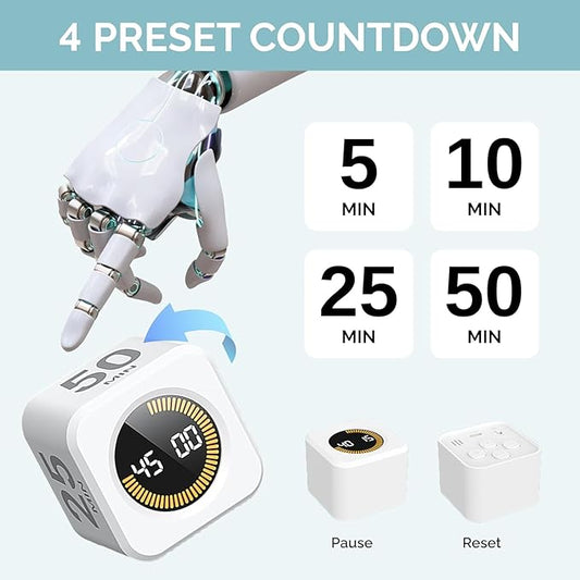2 Pack - KADAMS Pomodoro Cube Timer Productivity Visual Timer - 5/10/25/50 Min Rotating Countdown (2, White)