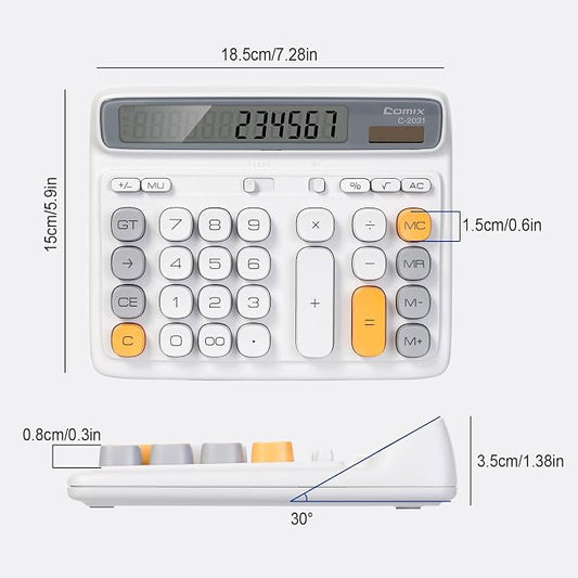 Comix Desktop Calculator, 12 Digits Large Button Desk Calculator, White | Solar Battery Dual Power, Large LCD Display, Computer Keys, 4 Function Basic Calculator for Office Business Home Use