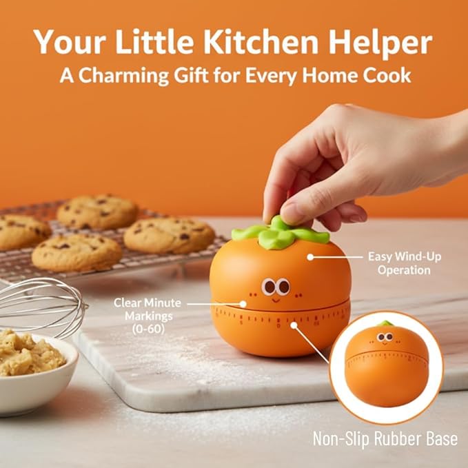 Cute Kitchen Timer with 60-Minute Mechanism, Orange Persimmon Design, Non-Slip Base, Easy-Read Dial, Mechanical Countdown for Cooking and Baking