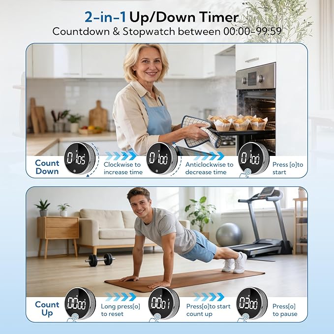 12 Pack Digital Kitchen Timer - Magnetic Kitchen Timer Visual timers Large LED Display Countup Timer 3 Volumes, 2 Brightness LevelsExtensively Use in Break Time, Cooking,Gym, Meeting, Classroom(Black)