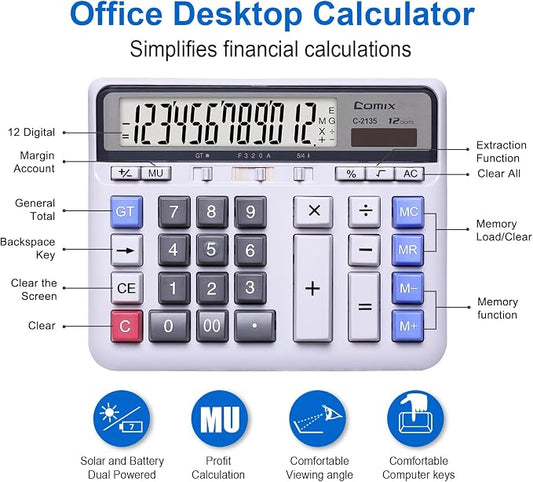 Comix Desktop Calculator, 12 Digits Large Button Desk Calculator, White | Solar Battery Dual Power, Large LCD Display, Computer Keys, 4 Function Basic Calculator for Office Business Home Use