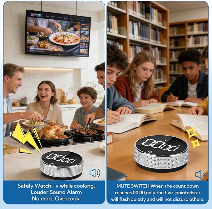 12 Pack Digital Kitchen Timer - Magnetic Kitchen Timer Visual timers Large LED Display Countup Timer 3 Volumes, 2 Brightness LevelsExtensively Use in Break Time, Cooking,Gym, Meeting, Classroom(Black)