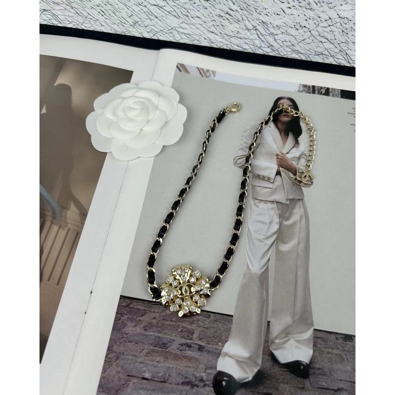 18K Chanel Black Leather Flower Necklace