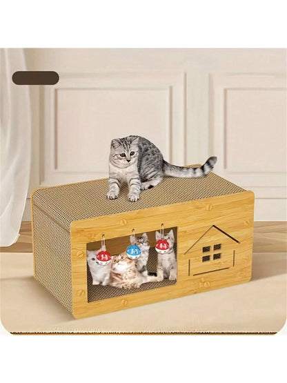 Multi-Function Cat Scratching Post & Cat Bed, Durable Cardboard, Dual-Layer, Bells, All Season Use