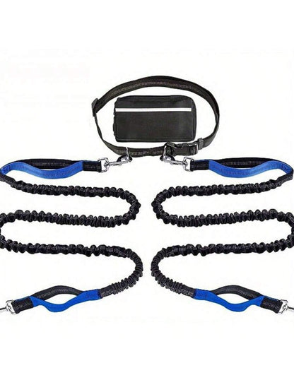 Extendable Dual-Leash Pet Dog Lead, Reflective Sports Waist Pack Leash, Adjustable Waistband, Outdoor Training Running Dog Harness