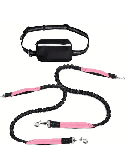 Extendable Dual-Leash Pet Dog Lead, Reflective Sports Waist Pack Leash, Adjustable Waistband, Outdoor Training Running Dog Harness