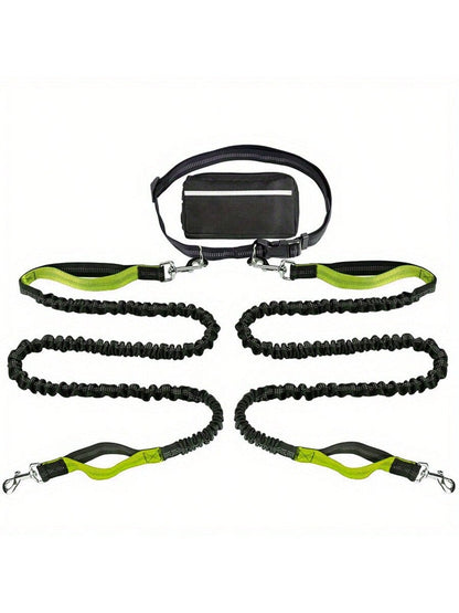 Extendable Dual-Leash Pet Dog Lead, Reflective Sports Waist Pack Leash, Adjustable Waistband, Outdoor Training Running Dog Harness