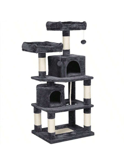 62.5" Tall Double Condo Cat Tree And Scratching Post Tower, Dark Gray
