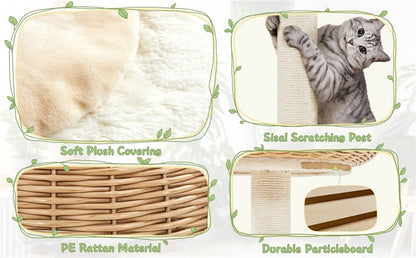 Cat Tree 29.5 Inch Rattan Cat House with Natural Sisal Scratching Post – Woven Cat Condo, Soft Cushion Perch, Hanging Bell Toy