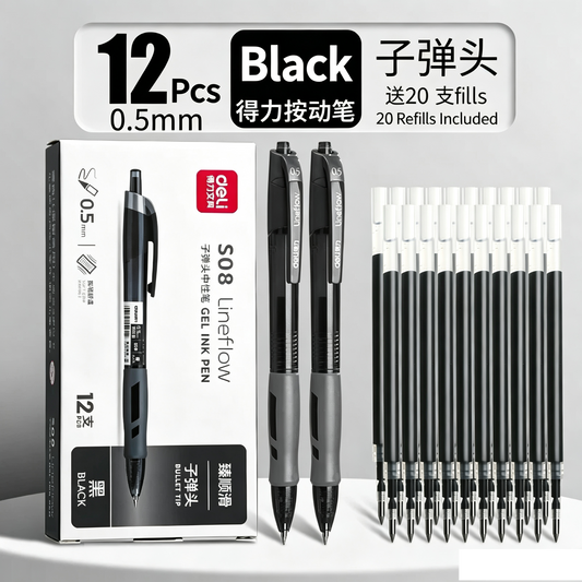 12 Pack Black Gel Pens 0.5mm + 20 Refills