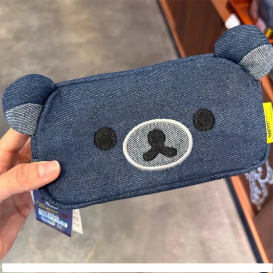 Cute 3D Bear Ear Denim Pencil Case, Embroidery Bear Face Large‑Capacity Zipper Pen Bag for Students