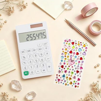 Basic Mini 4 Function Calculator,White Calculator Small for Middle School,Back to School First Day of School Supplies,Desk Calculator with Stickers,Solar Pocket Calculators for Students