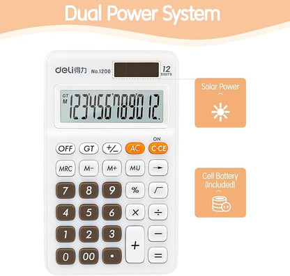 Deli Standard Function Basic Calculator, 12 Digit Desktop Calculator with Large LCD Display, Solar Battery Dual Power Office Calculators, White