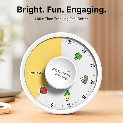 60-Minute Visual Timer, Twist to Set, Loud Battery-Powered Alarm, Easy Manual Rotary Countdown Dial for Kitchen Cooking, Baking, Meal Prep & Home Use (White Food Icons)