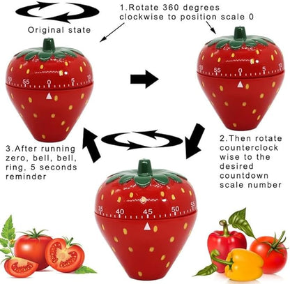 Jadeshay Kitchen Timer Strawberry Shaped, 60 Minutes Kitchen Timer Mechanical Time Reminder Kitchen Accessorie for Cooking