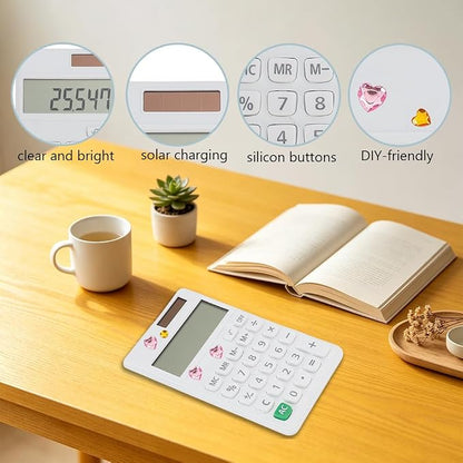 Basic Mini 4 Function Calculator,White Calculator Small for Middle School,Back to School First Day of School Supplies,Desk Calculator with Stickers,Solar Pocket Calculators for Students