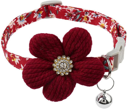 Red Flower XS Dog Collar Wth Bell, Dog Cat Collars Cute Puppy Collars Girls Adjustable for XXS Xs Small Pet Kitten Dogs Animal Litter Tiny