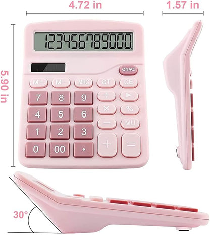 Office Calculators Desktop, 12-Digit Dual Power Cute Calculator with Large LCD Display Big Button for Office Home and School (Pink)