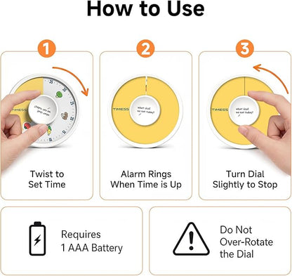 60-Minute Visual Timer, Twist to Set, Loud Battery-Powered Alarm, Easy Manual Rotary Countdown Dial for Kitchen Cooking, Baking, Meal Prep & Home Use (White Food Icons)