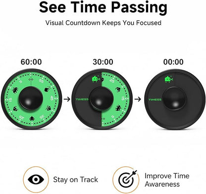 60-Minute Visual Timer, Twist to Set, Loud Battery-Powered Alarm, Minimalist Rotary Countdown Dial for Office, Study, Work & Home Time Management (Black)