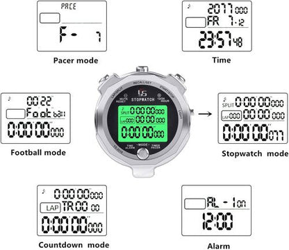 Stopwatch Timer with Back Light Digital Stop Watch 0.001second Timing, Metal 100 Lap Memory,Large dispaly Alarm Clock for Coach Sports Running Marathon Competition