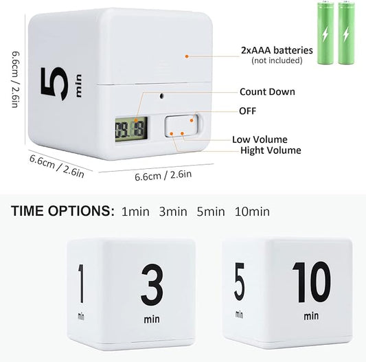 Feilifan Cube Timer, Productivity Cube Rotating Timer for Kitchen Studying Workout Classroom Kids ADHD 1-3-5-10 Minute Preset, White