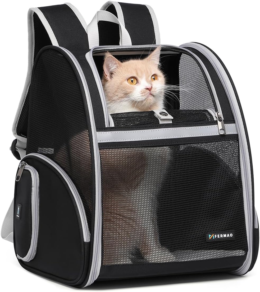 Cat Backpack Carrier for Small Dogs and Medium cat Puppy Kitten Bunny Pet Carrier Backpack Collapsible with Fully Ventilated Mesh with Safety Leash (Black, 12.9" L x 10.62" W x 15.5" H - M)