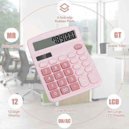 Desktop Calculator, Pink Calculator Big Buttons, 12-Digits Large LCD Display, Solar and AA Battery Dual Power, Desk Calculators for Office Home School Business Class (Pink) | Large LCD Display, Solar and AA Battery Dual Power, Desk Calculators for Offi...