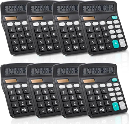 Noamus 8 Pack Desktop Calculator 12 Digit, Solar Battery Basic Calculators, Dual Power Electronic Calculators with Large LCD Display, Sensitive Button Handheld Calculator for Office Home School, Black