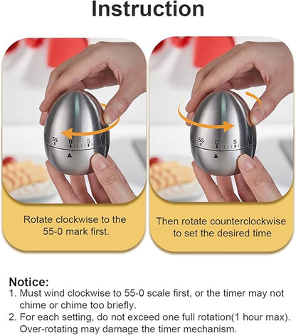Kitchen Timer for Cooking, 60 Minutes Mechanical Timer - No Batteries Required, Stainless Steel Egg-Shape Cute Countdown Clock for Cooking, Learning, Exercises, Gaming