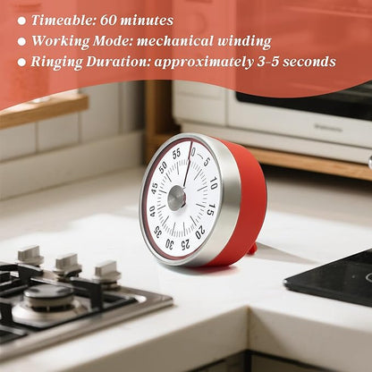 Kitchen Timer for Cooking,Chef Cooking Timer Clock,Visual Timers,60-Minute Countdown,Magnetic Base, Mechanical Clockwork,No Batteries Required,Ringer Alert,Timers for Kitchen/Study/Work/Gym,Red