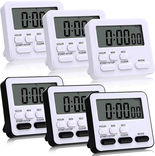 Leumoi 6 Pcs Digital Kitchen Timer 24 Hour Clock and Alarm Function Timer On/Off Switch Minute Second Count up Countdown Loud Alarm for Exercise Cook Baking(Black and White)