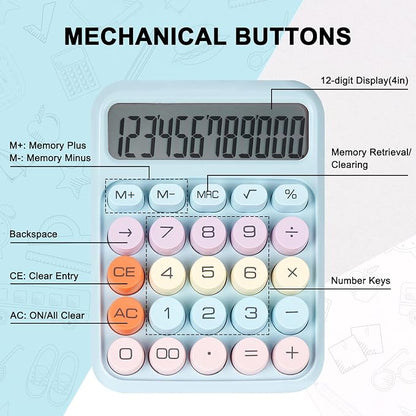 Mechanical Switch Calculator with Big Buttons, Calculators Desktop | 12 Digits, Large LCD Display, Desk Calculator, Cute Blue Calculators for Teachers Students Basic Office (Blue)