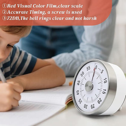 Kitchen Timer for Cooking,Chef Cooking Timer Clock,Visual Timers,60-Minute Countdown,Magnetic Base, Mechanical Clockwork,No Batteries Required,Ringer Alert,Timers for Kitchen/Study/Work/Gym,White