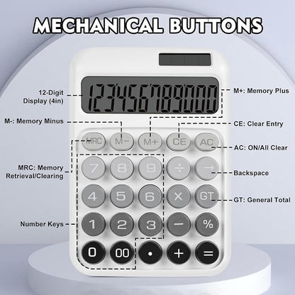 Mechanical Switch Calculator with Big Buttons, Calculators Desktop | 12 Digits, Solar Battery Power, Desk Calculator, Large LCD Display, Cute White Calculators for Teachers Students Basic Office