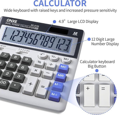 12 Digit Desk Calculator,Calculators Desktop with Extra Large 4.9" LCD Display & Big Buttons, Solar & Battery Dual Power, Standard Basic 4 Function Office Calculator for Financial, Home Daily Use