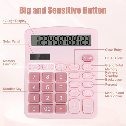 Desktop Calculator, Pink Calculator Big Buttons, 12-Digits Large LCD Display, Solar and AA Battery Dual Power, Desk Calculators for Office Home School Business Class (Pink) | Large LCD Display, Solar and AA Battery Dual Power, Desk Calculators for Offi...