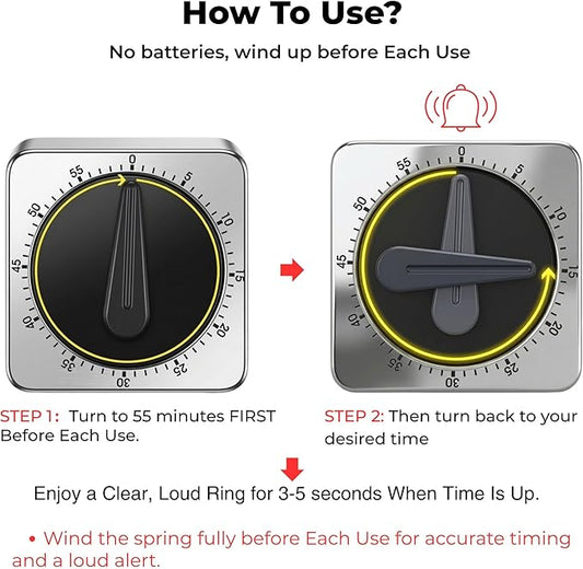 Searon Kitchen Timers for Cooking, Mechanical Wind Up Timer with Loud Ring, Magnetic Back, No Battery Needed, Stainless Steel Countdown Timer for Cooking and Baking