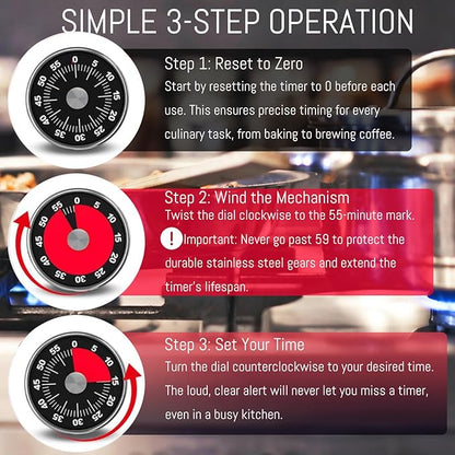 Kitchen Magnetic Visual Cooking Mechanical Timer with Loud Alarm, No Batteries Required, Stainless Steel, Countdown 60 Minute Wind Up Timer for Study, Chef, Teacher, Office (Black)