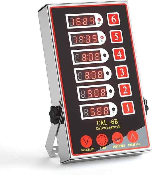 Commercial Kitchen Timer with 6 Channels, Professional LED Digital Timer for Cooking, Loud Alarm Volume +/-, Heavy Duty Stainless Steel Large Timers with Waterproof Panel & Memory Function