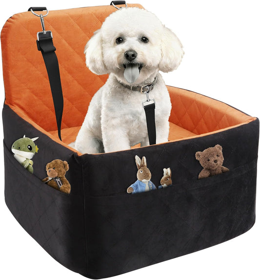 Dog Car Seat for Small/Medium Dogs,Pet Dog Booster Car Seat Puppy 15-35 lbs with Soft 4+2in Detachable Pads Detachable Elevated Cushion and Washable Cover Brown