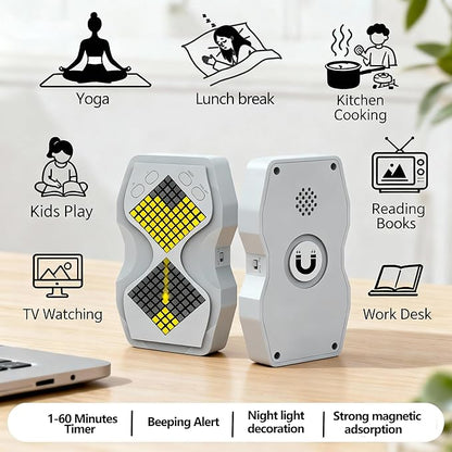 LED Visual Hourglass Timer, 1-60 Minute Countdown with Magnetic Mount, Buzzer Alert & Dimmable Night Light, Sand Timer for Kids Learning, Classroom, Cooking, Chess, Fitness & Baking（White）