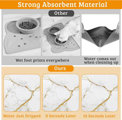 Abstract Marble Dog Food Mat,White Gold Absorbent Pet Feeding Mat for Food and Water Bowl,Quick Dry Dog Placemat Non Slip Rubber Backing Waterproof Pet Supplies 16" x 24"