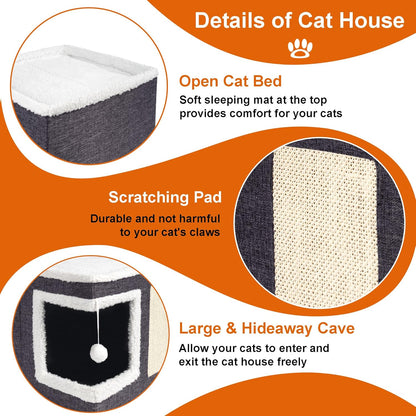 Cat Houses for Indoor Cats - Large Cat Bed Cave with Scratch Pad and Fluffy Ball, Foldable Cat Condo Hideaway with Reversible Cushion for Multi Small Pet, Dark Grey