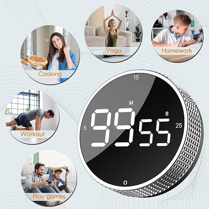 Upgrade Digital Kitchen Timer - Magnetic Countdown Countup Visual Pomodoro Timer with Large LED Display, 3-Preset Times (5, 15, 25), 3 Volume Levels, Ideal for Cooking, Baking and Fitness (2, Silver)