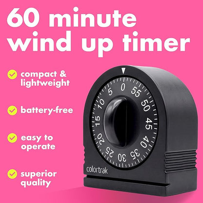 60 Minute Wind Up Timer (2 Pack) Visual Mechanical Timer, from 0 to 60 Minutes, for Kitchen, Hair Color Processing, Tanning Time, Kids' Home and Classroom Activities or Timeouts, Black