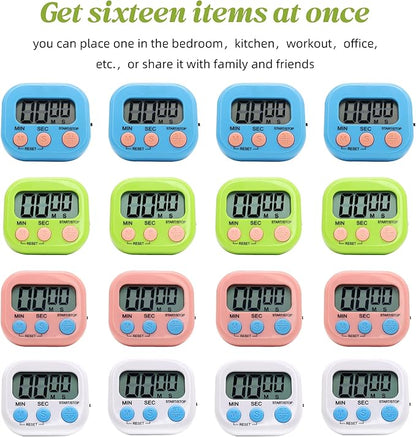 16 Pack Multi-Function Electronic Timer - Kitchen Timer,Magnetic Digital Timers,Big LCD Display, ON/Off Switch,Extensively Use in Cooking,Gym, Meeting, Classroom,Kitchen,Study,Work,Outdoor Activities