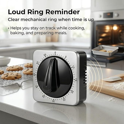 Searon Kitchen Timers for Cooking, Mechanical Wind Up Timer with Loud Ring, Magnetic Back, No Battery Needed, Stainless Steel Countdown Timer for Cooking and Baking
