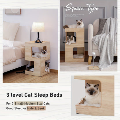 23.6-Inch Wood-Look Cat Tree Bed with Three Levels, Removable Soft Mats and Brown Finish for Indoor Cats