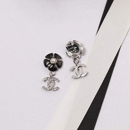 18K  Chanel Black & Pink Camellia Diamond Earrings